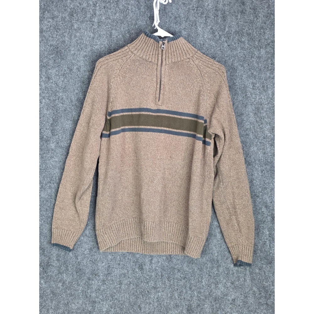Columbia Mens Pullover Sweater Mock Neck 1/4 Zip Striped Beige Brown Casual Work